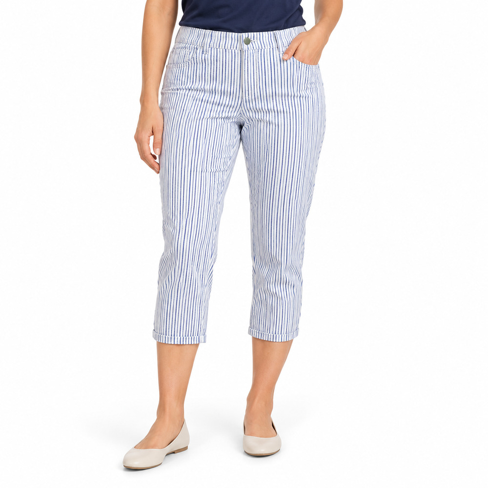 Chico’s Pants XL 16 Blue White Stripe Ankle Cuffed Stretch Cotton Quiet Elegance